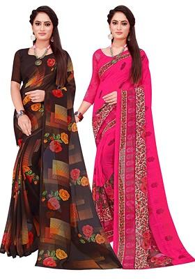 Black Embroidered Georgette Saree Set (Set Of 2)