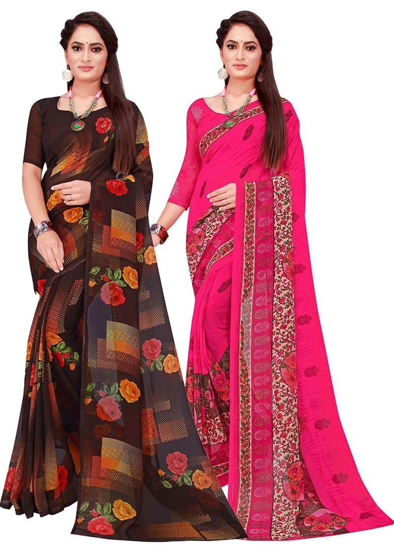 Black Embroidered Georgette Saree Set (Set Of 2)