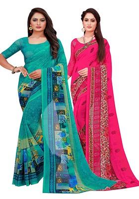 Turquoise Blue Embroidered Georgette Saree Set (Set Of 2)