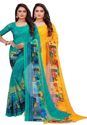 Turquoise Blue Embroidered Georgette Saree Set (Set Of 2)