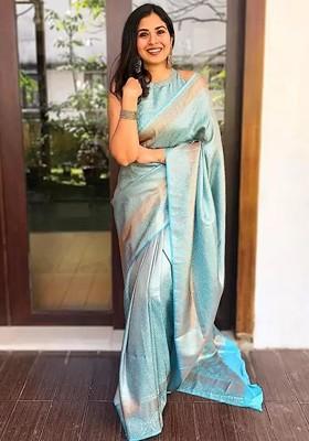 Blue woven Banarasi Saree Set