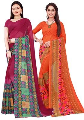 Orange Embroidered Georgette Saree Set (Set Of 2)