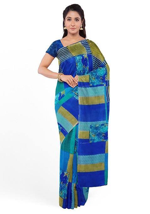 Blue Printed Georgette Saree Set