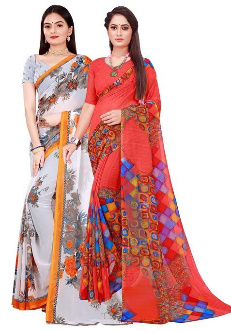 White Embroidered Georgette Saree Set