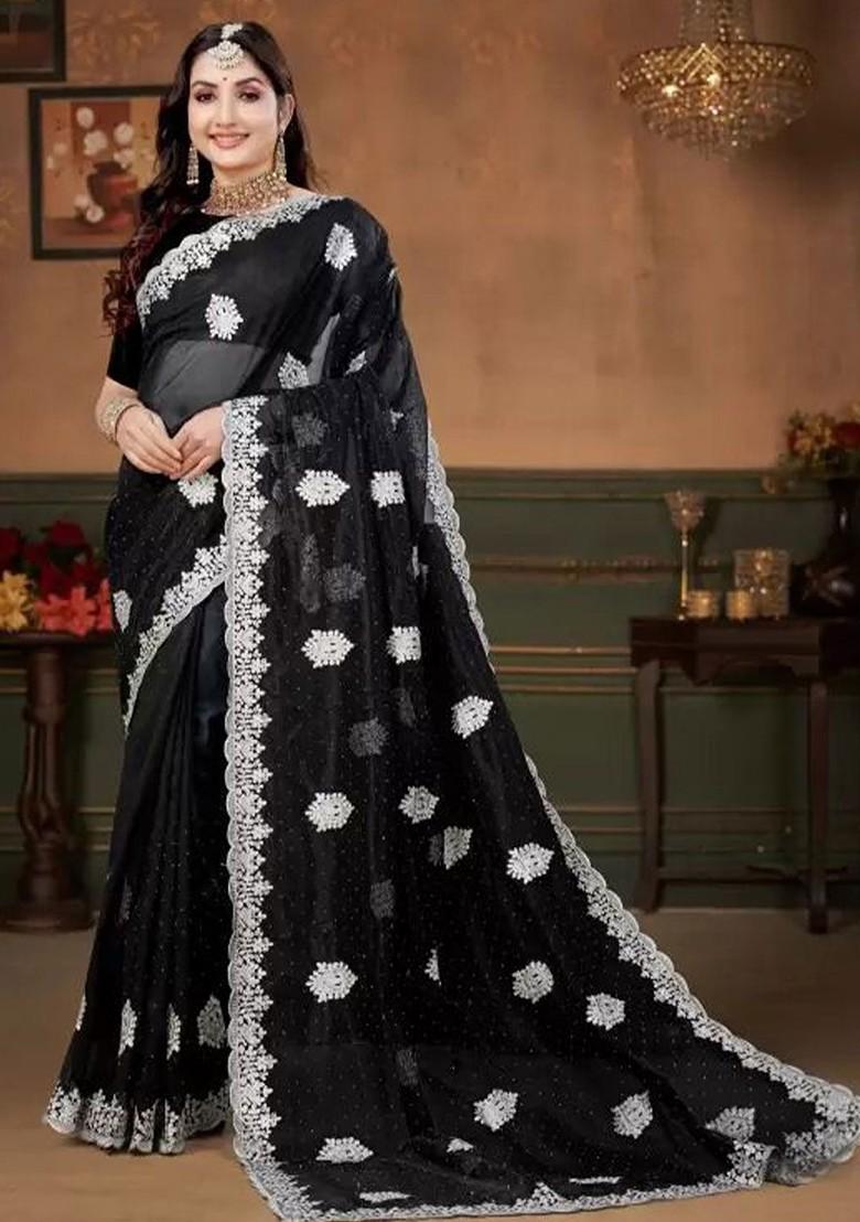 Black Embellished Net Saree Set