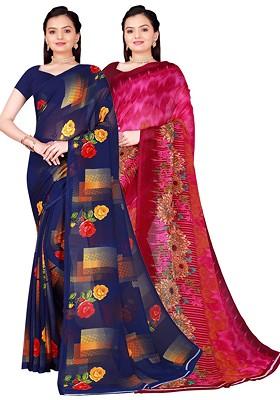 Pink Embroidered Georgette Saree Set (Set Of 2)