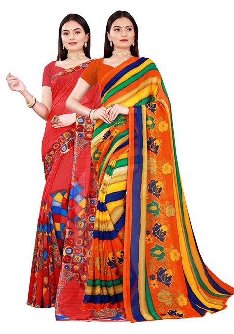 Red Embroidered Georgette Saree Set