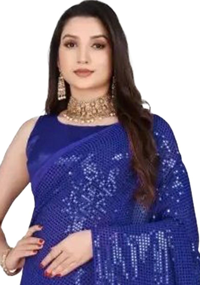 Blue Embellished Poly Blend Saree Set