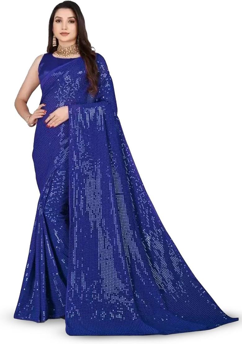 Blue Embellished Poly Blend Saree Set