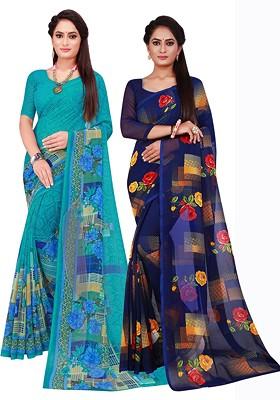 Turquoise Blue Embroidered Poly Blend Saree Set