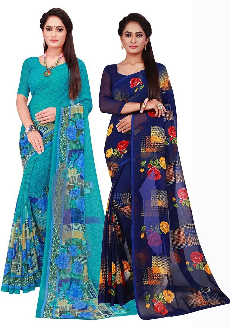 Turquoise Blue Embroidered Poly Blend Saree Set