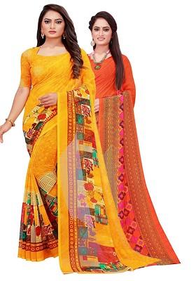 Orange Floral Georgette Saree Set (Set Of 2)