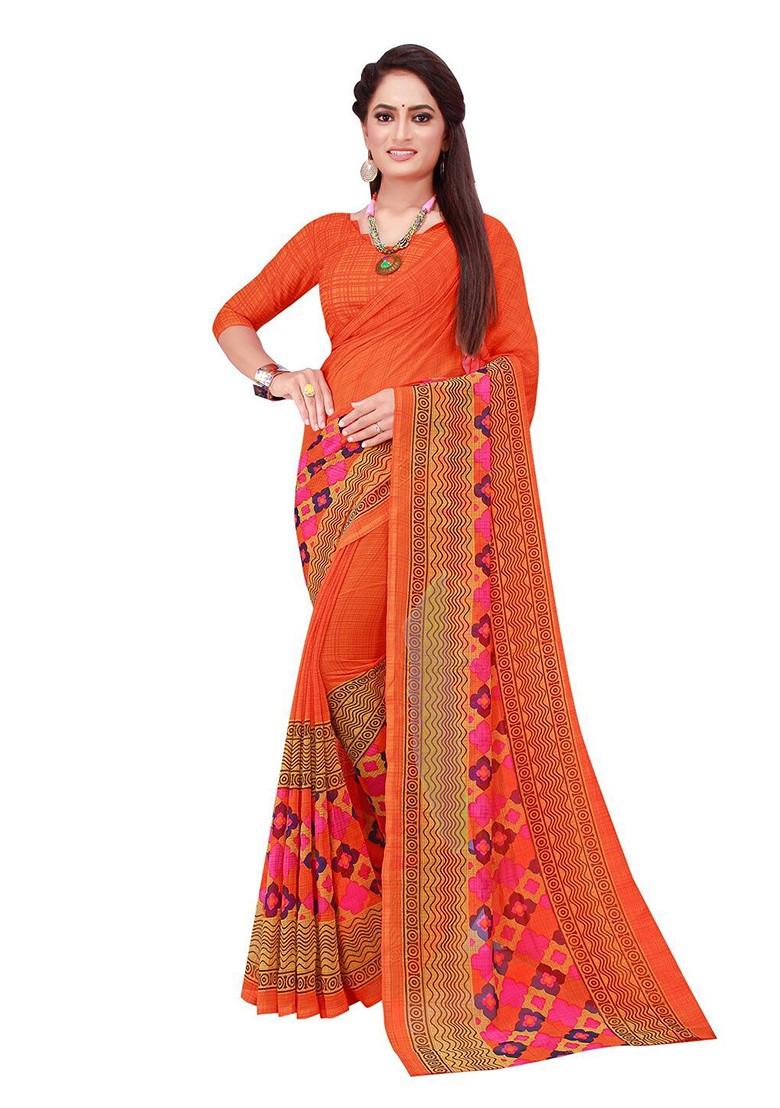 Orange Floral Georgette Saree Set (Set Of 2)