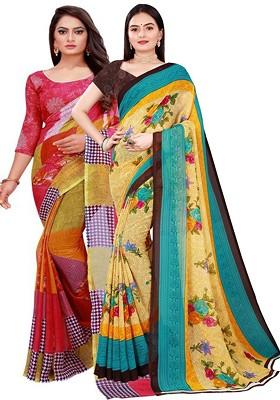 Beige Embroidered Georgette Saree Set (Set Of 2)