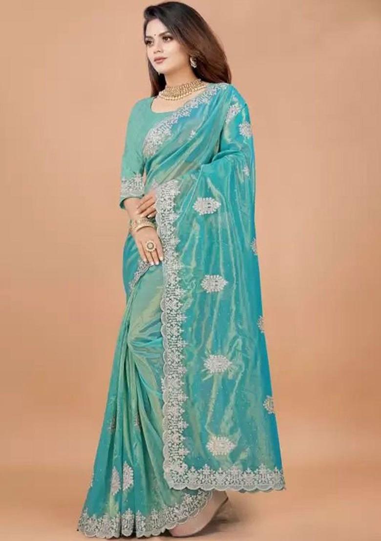 Blue Embellished Net Saree Set