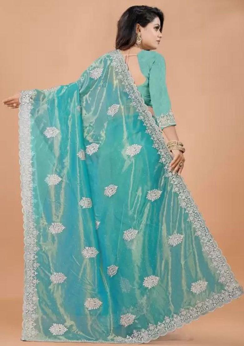 Blue Embellished Net Saree Set