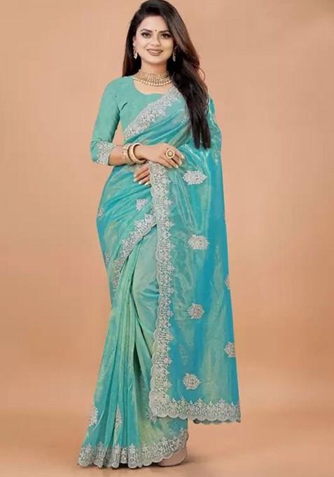 Blue Embellished Net Saree Set