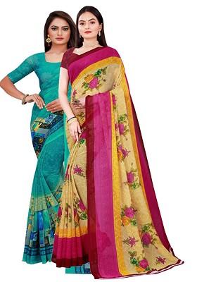 Green Embroidered Georgette Saree Set (Set Of 2)