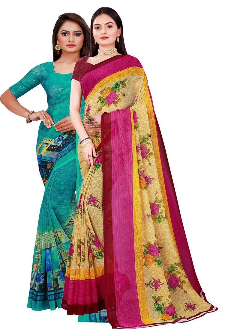 Green Embroidered Georgette Saree Set (Set Of 2)