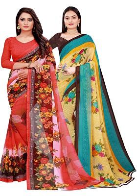 Peach Printed Georgette Saree Set