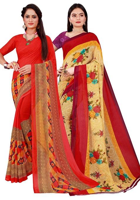 Beige Printed Georgette Saree Set