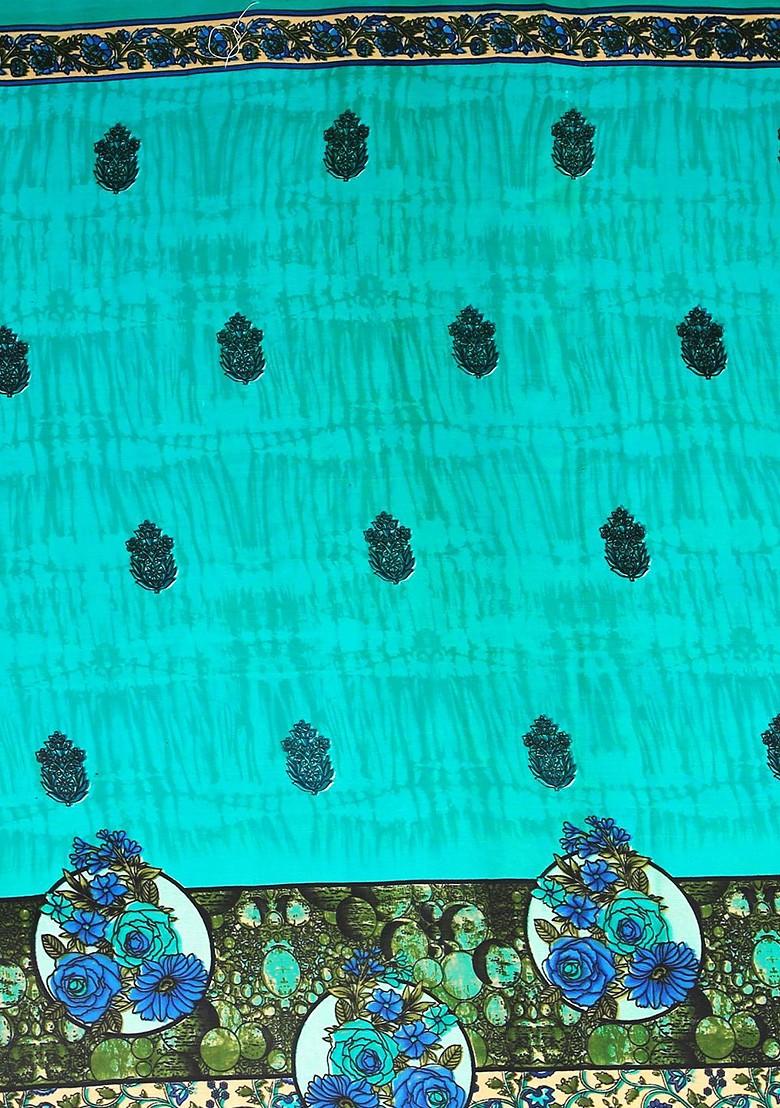 Turquoise Blue Embroidered Poly Blend Saree Set