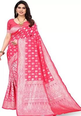 Pink woven Silk Saree Set