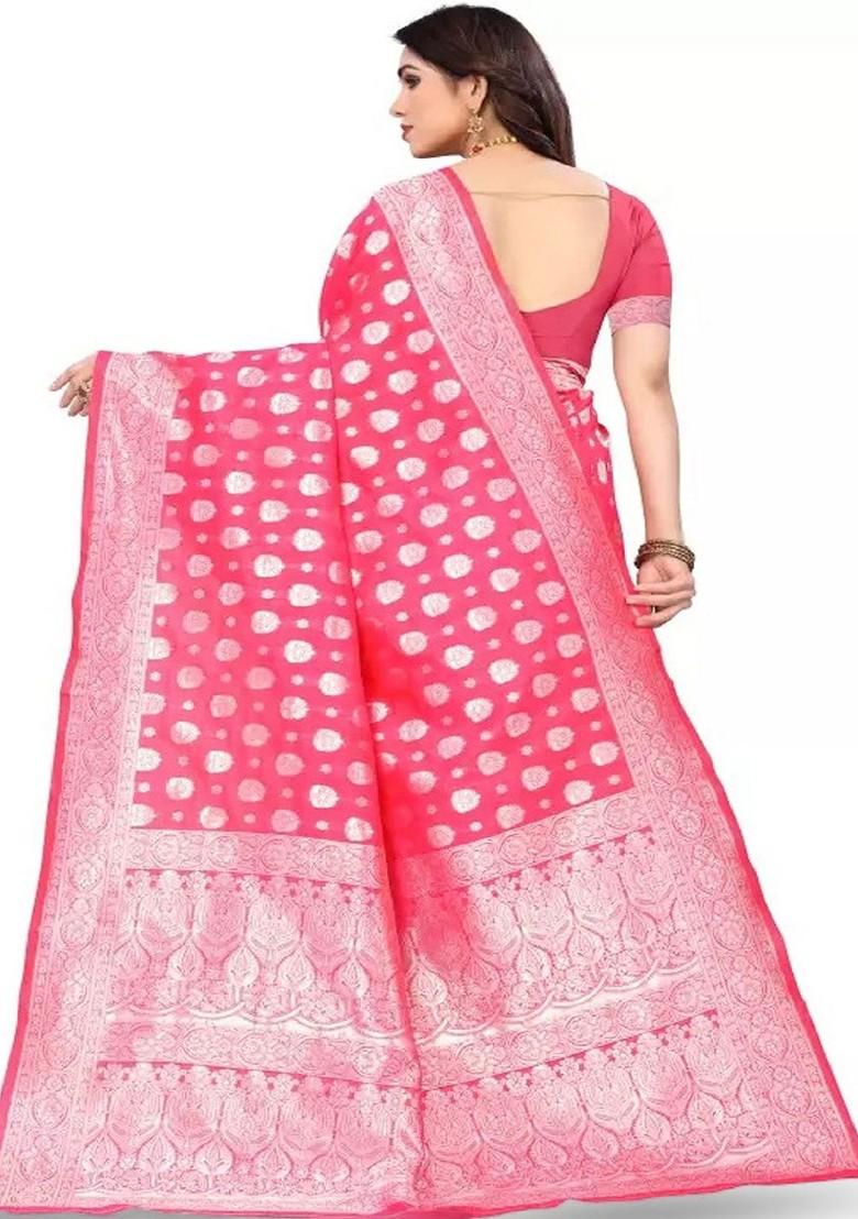 Pink woven Silk Saree Set