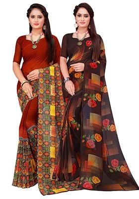 Black Floral Georgette Saree Set (Set Of 2)