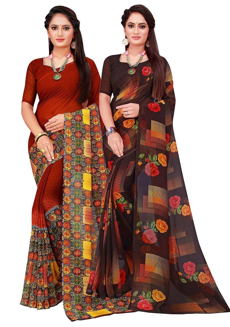 Black Floral Georgette Saree Set (Set Of 2)