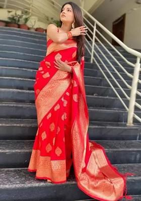 Red woven Kanjeevaram Saree Set