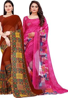 Magenta Printed Poly Blend Saree Set (Set Of 2)