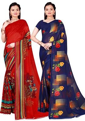 Navy Blue Embroidered Georgette Saree Set (Set Of 2)