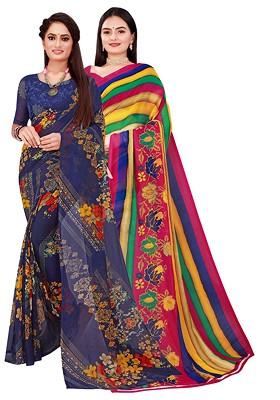Navy Blue Embroidered Georgette Saree Set (Set Of 2)