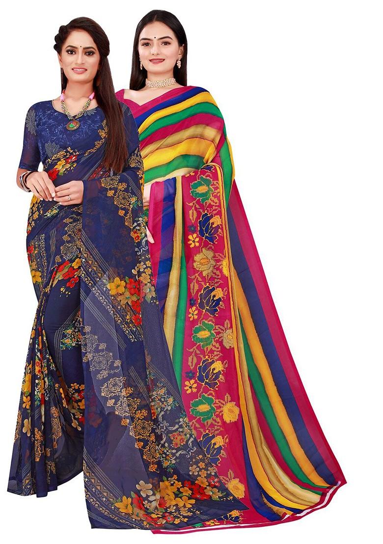 Navy Blue Embroidered Georgette Saree Set (Set Of 2)
