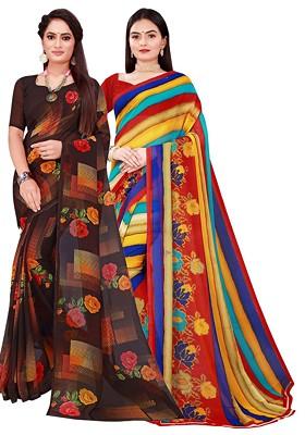 Black Printed Georgette Saree Set (Set Of 2)