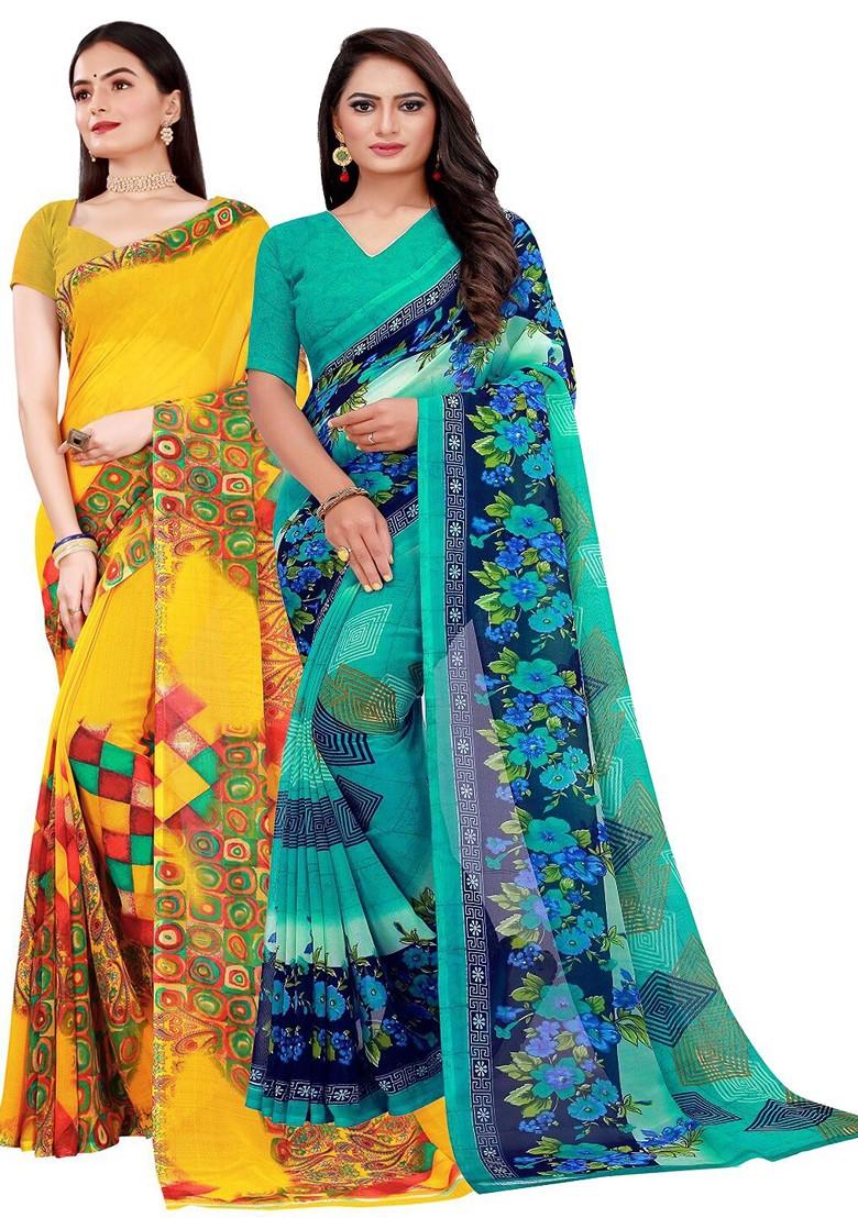 Yellow Embroidered Georgette Saree Set