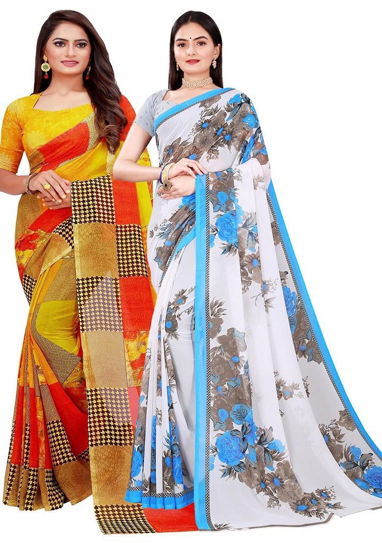 White Floral Georgette Saree Set (Set Of 2)