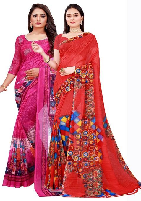 Red Floral Georgette Saree Set