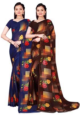 Navy Blue Floral Georgette Saree Set