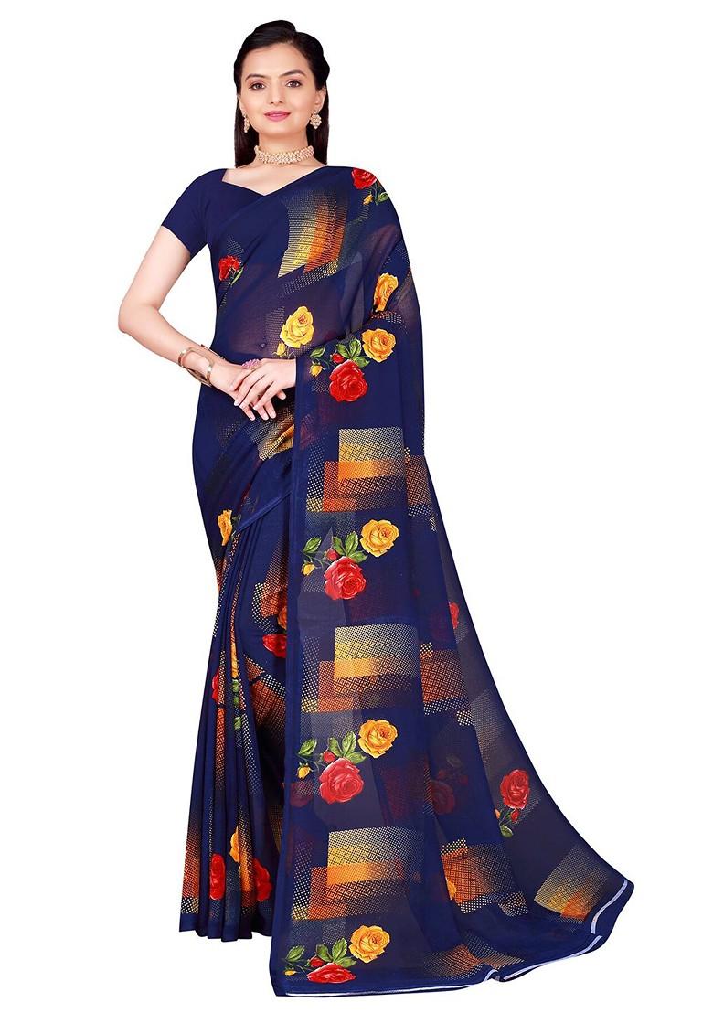 Navy Blue Floral Georgette Saree Set