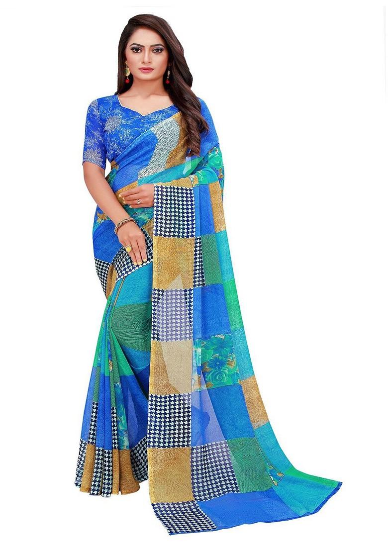 Black Printed Georgette Saree Set