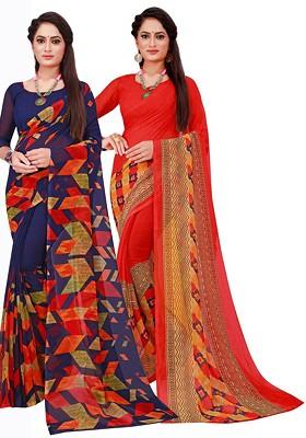 Navy Blue Floral Georgette Saree Set (Set Of 2)