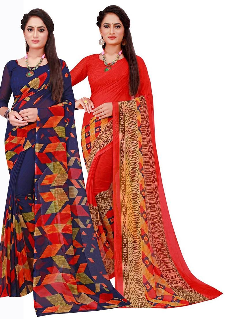 Navy Blue Floral Georgette Saree Set (Set Of 2)