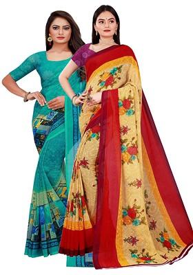 Turquoise Blue Printed Georgette Saree Set (Set Of 2)