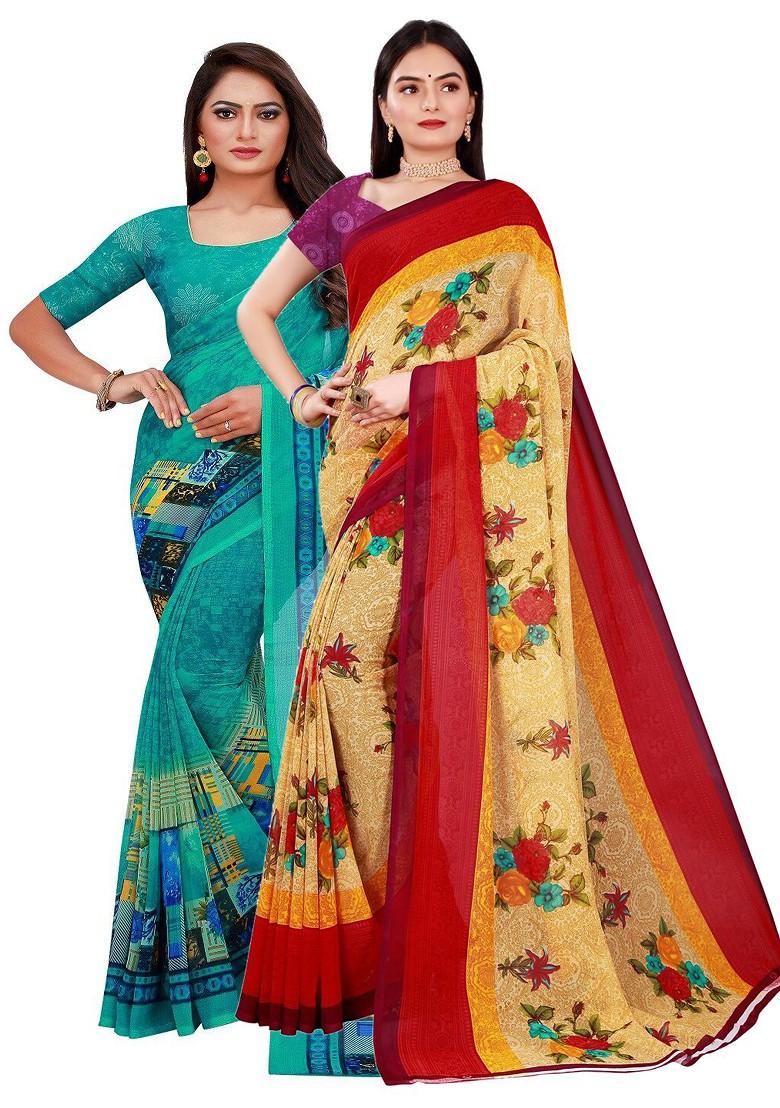 Turquoise Blue Printed Georgette Saree Set (Set Of 2)