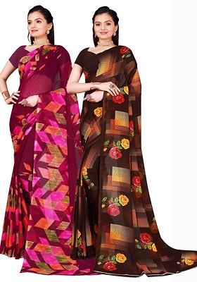 Brown Printed Georgette Saree Set (Set Of 2)