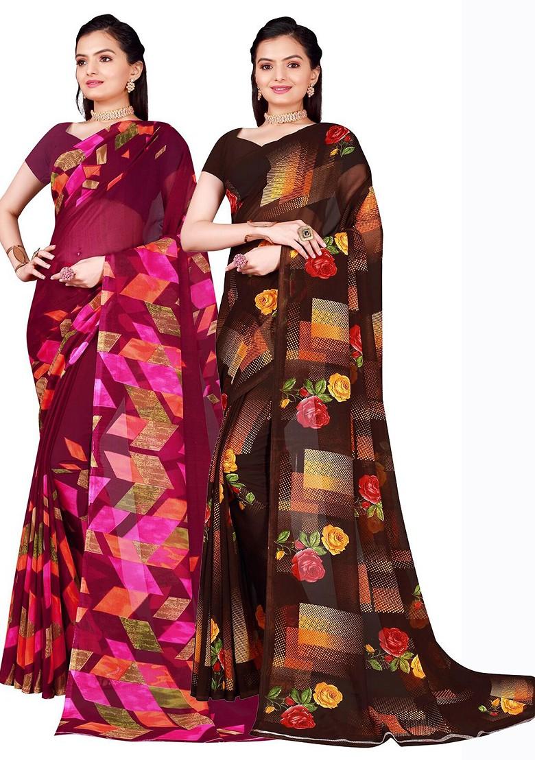 Brown Printed Georgette Saree Set (Set Of 2)