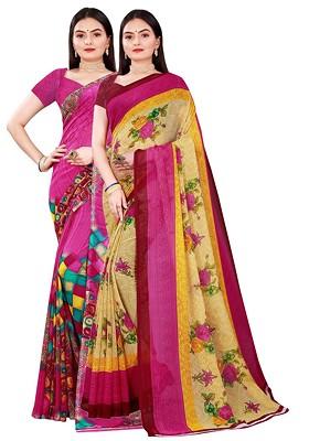 Beige Embroidered Georgette Saree Set (Set Of 2)