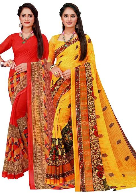 Red Embroidered Georgette Saree Set